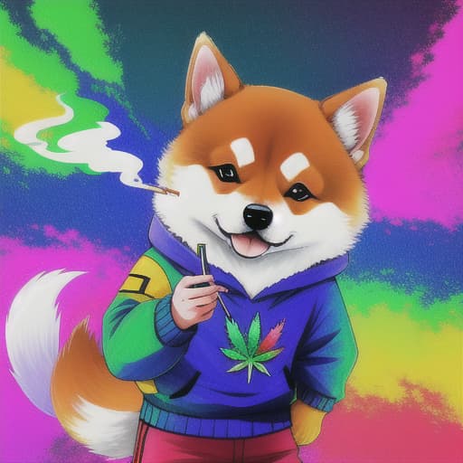  shiba inu dog, high quality, smoking a cannabis joint, blowing smoke,, peace sign, colorful, trippy, crazy