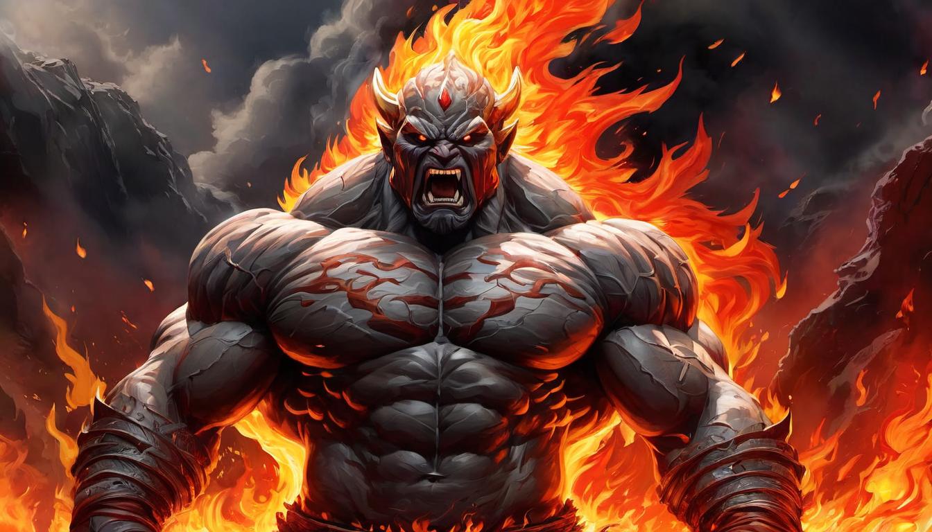  digital painting of A colossal, defiant figure standing amidst raging flames, face defiant, muscles tensed, flames engulfing but not consuming, divine retribution, raw power, audacity looking at viewer, dynamic pose, (intricate details, masterpiece, best quality)