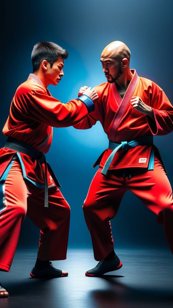  Generate an image in 8K resolution and ultra hyper-realistic quality featuring two martial artists, sculpted in a dynamic splash of red source, captured mid-motion as if they are engaged in combat. The figures emerge from a black bowl on a dark background, with the liquid forming intricate details such as clothing folds and facial expressions, creating a sense of movement and action., hyperrealistic, high quality, highly detailed, cinematic lighting, intricate, sharp focus, f/1. 8, 85mm, (centered image composition), (professionally color graded), ((bright soft diffused light)), volumetric fog, trending on instagram, HDR 4K, 8K