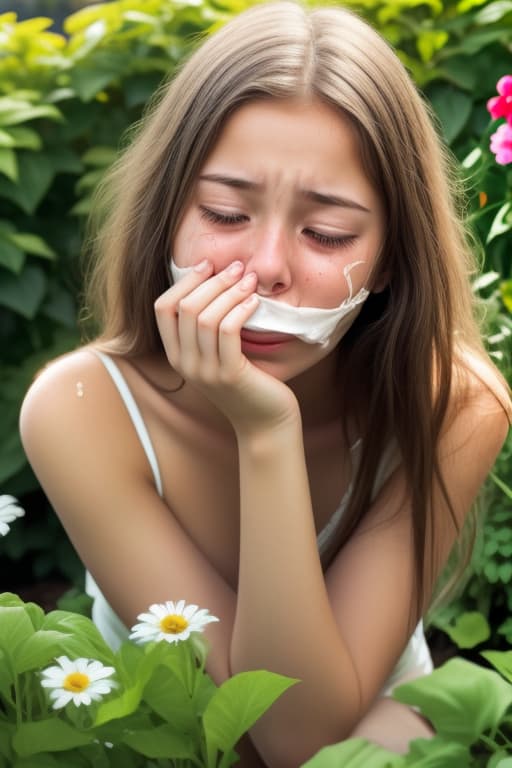  Beautiful girl crying in the garden covering her mouth