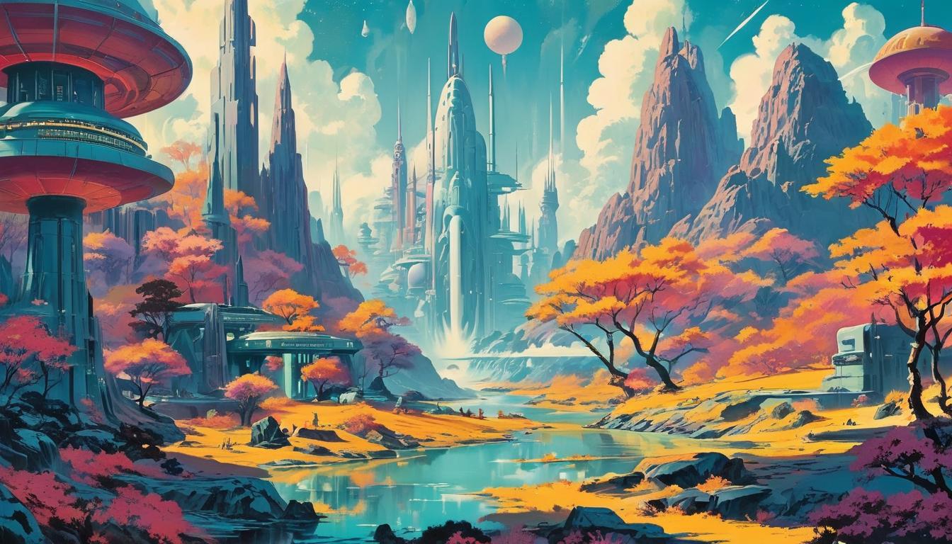  retro futuristic Dreaming of otherworldly places, ethereal landscapes, meditative state, profound insights, cosmic dreams, mystical scenery lvintage sci fi, 50s and 60s style, atomic age, vibrant, highly detailed