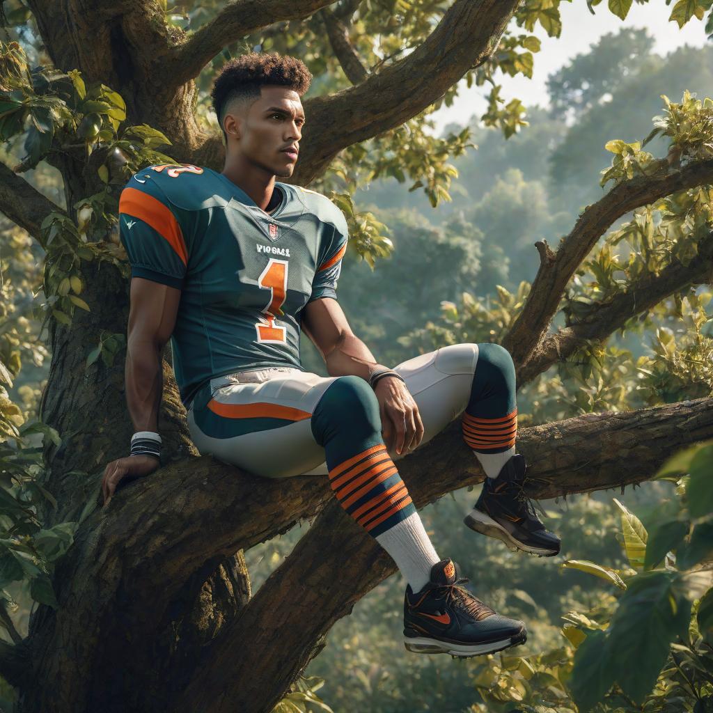  A guy in a football uniform is sitting in a tree, on which instead of fruits, there are football shoes. hyperrealistic, full body, detailed clothing, highly detailed, cinematic lighting, stunningly beautiful, intricate, sharp focus, f/1. 8, 85mm, (centered image composition), (professionally color graded), ((bright soft diffused light)), volumetric fog, trending on instagram, trending on tumblr, HDR 4K, 8K