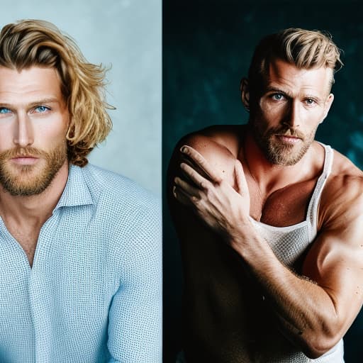 portrait+ style Russian queer supermodel blonde hunk dilf dude face