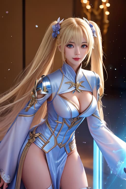  “A young woman in her early twenties with long, blonde twin tails. She is dressed in a dynamic and futuristic costume, combining elements of traditional and modern design. Her expression should be determined and strong, reflecting her role as a hero. Incorporate elements of space and technology into her design. hyperrealistic, full body, detailed clothing, highly detailed, cinematic lighting, stunningly beautiful, intricate, sharp focus, f/1. 8, 85mm, (centered image composition), (professionally color graded), ((bright soft diffused light)), volumetric fog, trending on instagram, trending on tumblr, HDR 4K, 8K