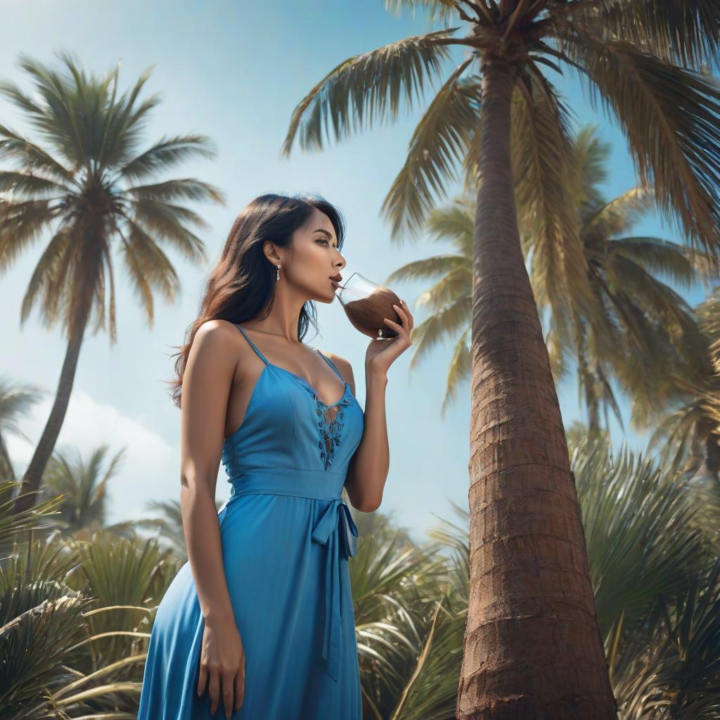  a woman stands tall in a blue sundress, leans against a palm tree and drinks from coconut hyperrealistic, full body, detailed clothing, highly detailed, cinematic lighting, stunningly beautiful, intricate, sharp focus, f/1. 8, 85mm, (centered image composition), (professionally color graded), ((bright soft diffused light)), volumetric fog, trending on instagram, trending on tumblr, HDR 4K, 8K