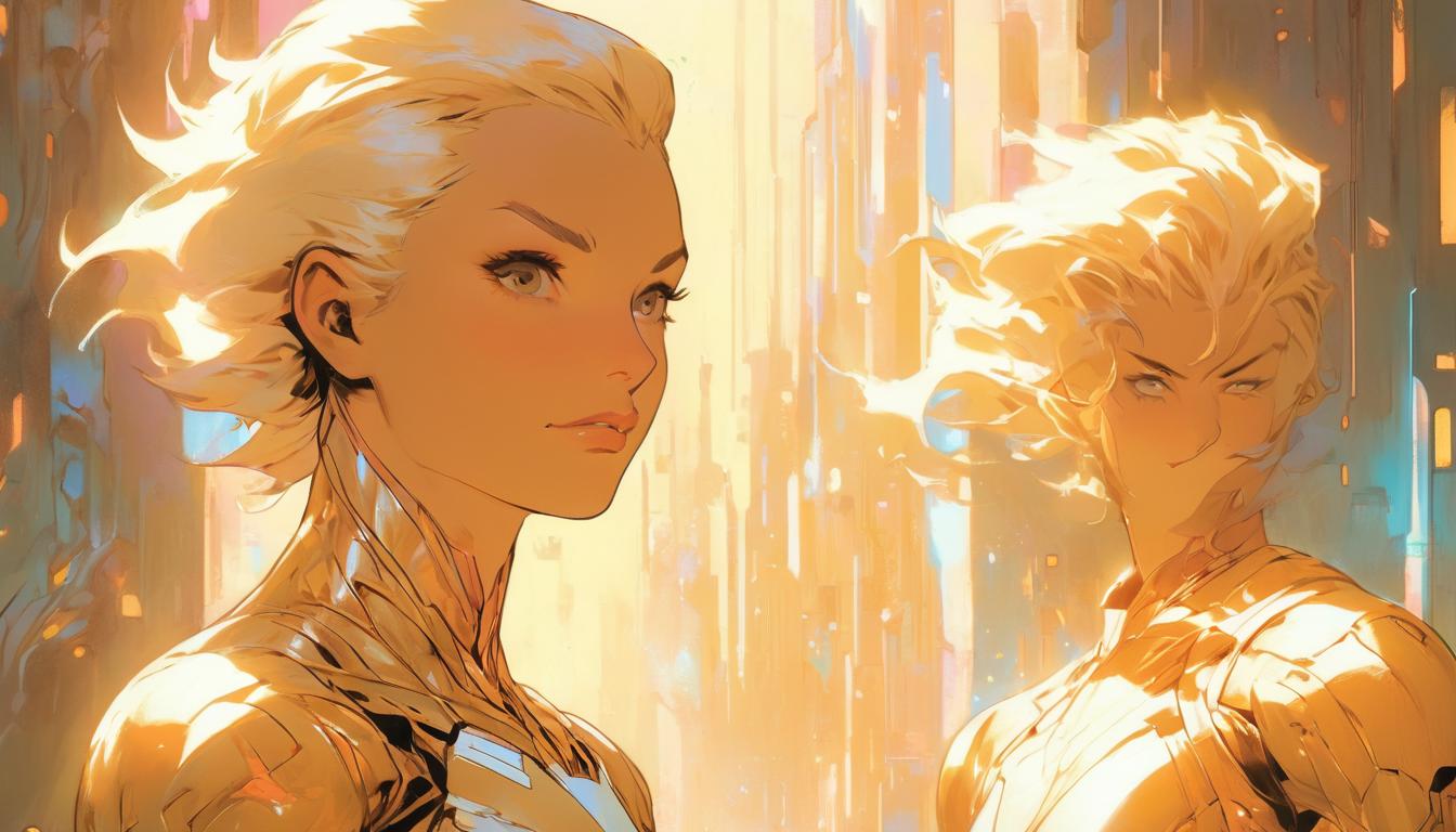  hyperrealism,fantasy aesthetic1woman, large busted attractive blonde arian female humanoid, attentively listening to another humanoid, soft glowing background, peaceful cosmic ambiance, high tech clothing clad in sleek, futuristic costume with metallic accents and form fitting designs, marvel superhero comics style, unreal engine rendering