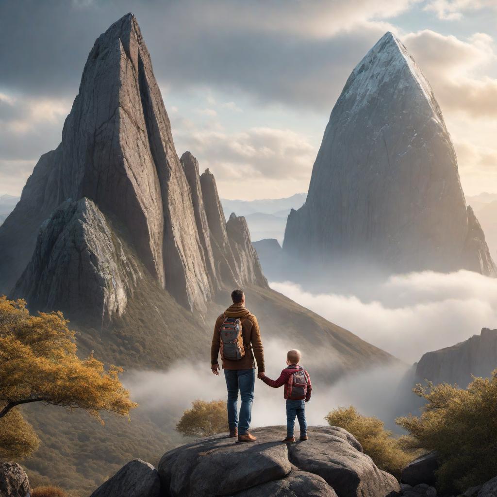  Create an image for the meme idea 'Rock Solid Parenting: Stay Grounded - be a steady presence for your children, they look up to you like a towering mountain.' The image should feature a rock (symbolizing a parent) standing tall and steady like a mountain, with a child looking up at the rock with admiration. Include symbols of stability and support in the background to emphasize the concept of 'rock solid parenting'. hyperrealistic, full body, detailed clothing, highly detailed, cinematic lighting, stunningly beautiful, intricate, sharp focus, f/1. 8, 85mm, (centered image composition), (professionally color graded), ((bright soft diffused light)), volumetric fog, trending on instagram, trending on tumblr, HDR 4K, 8K