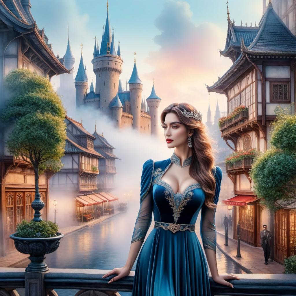  Dreamy kingdom in a romantic city watercolor drawing hyperrealistic, full body, detailed clothing, highly detailed, cinematic lighting, stunningly beautiful, intricate, sharp focus, f/1. 8, 85mm, (centered image composition), (professionally color graded), ((bright soft diffused light)), volumetric fog, trending on instagram, trending on tumblr, HDR 4K, 8K