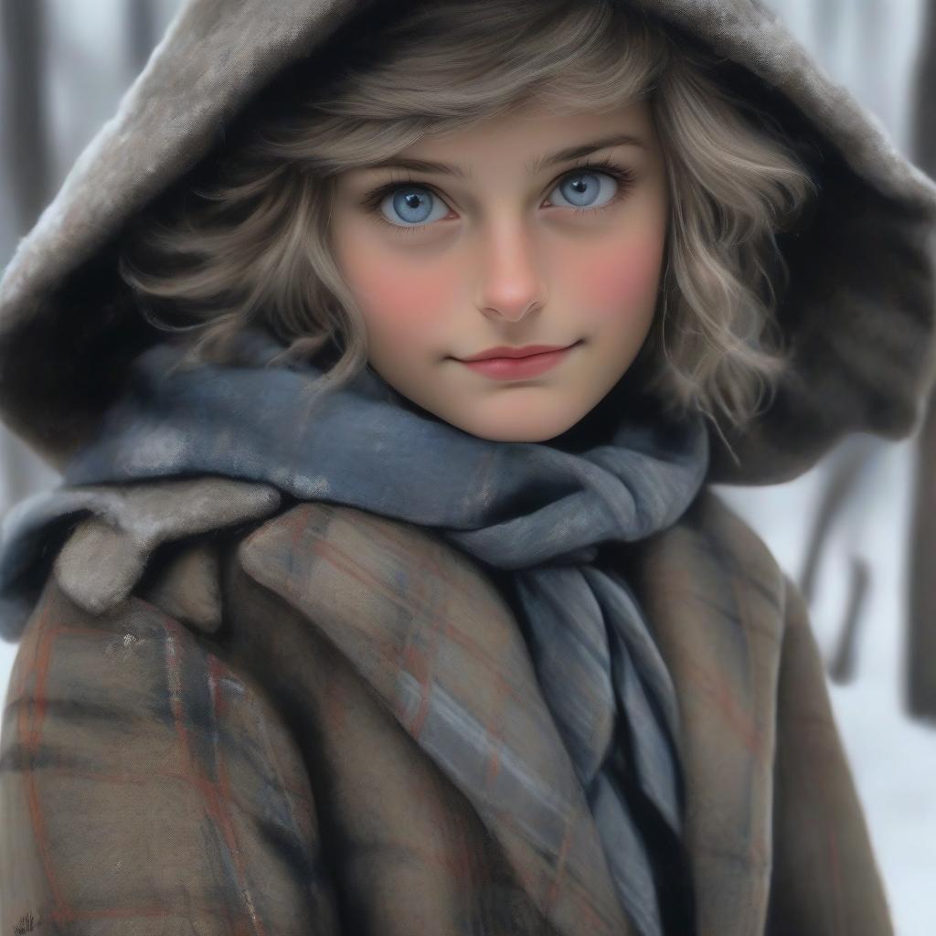  oil painting style, young european Slavic age 12, in uniform with a long plaid , tie, , short haircut, blue eyes, Slavic face, dressed in a fitted winter short coat open, black tights on her feet hiding full her legs, and winter ankle boots for s, sly a cheeky smile, a bowed head, the wind blowing the hems of s and coats, a full length view, an index finger raised to his lips calling for silence hyperrealistic, full body, detailed clothing, highly detailed, cinematic lighting, stunningly beautiful, intricate, sharp focus, f/1. 8, 85mm, (centered image composition), (professionally color graded), ((bright soft diffused light)), volumetric fog, trending on instagram, trending on tumblr, HDR 4K, 8K