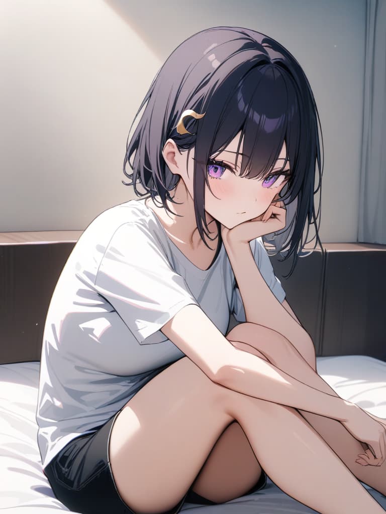  Sitting,leaning forward,white shirt T shirt,shorts,in a room,on a bed,sitting with legs crossed,cool girl,Black hair,(purple eyes),short,cropped hair,crescent moon hair ornament,, masterpiece, best quality,8k,ultra detailed,high resolution,an extremely delicate and beautiful,hyper detail