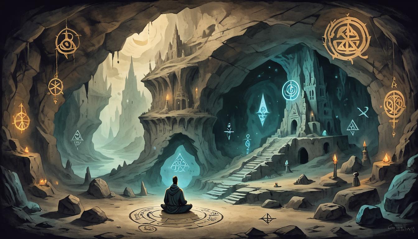  on parchment, surrealism+++, A person meditating in a dark cave, glowing runes and ancient symbols on the walls, emerging visions of mythical creatures in the air, mysterious and introspective(mysterious, provocative, symbolic,muted color)+++