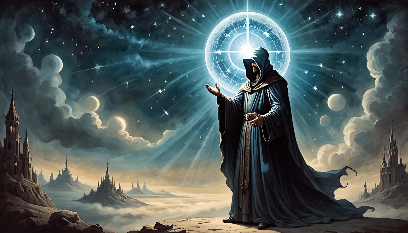  on parchment, surrealism+++, A shining orb, radiating beams of light, held by a robed figure, surrounded by a dark, star filled sky, celestial, powerful, inspirational, luminescent, mystical atmosphere(mysterious, provocative, symbolic,muted color)+++