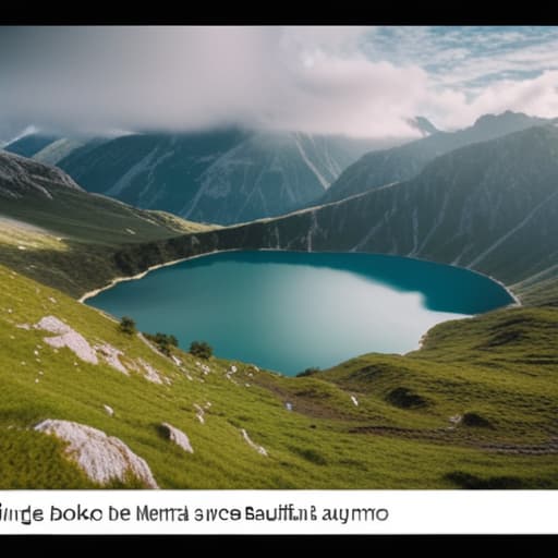  beautiful lake, on top of a mountain hyperrealistic, full body, detailed clothing, highly detailed, cinematic lighting, stunningly beautiful, intricate, sharp focus, f/1. 8, 85mm, (centered image composition), (professionally color graded), ((bright soft diffused light)), volumetric fog, trending on instagram, trending on tumblr, HDR 4K, 8K