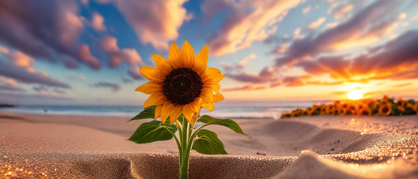  best quality, HD, Sunflower on sand beach in close up with the sunset sky,