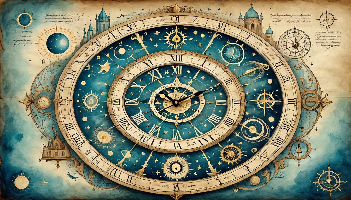  on parchment, surrealism+++, An intricate clock with celestial designs, ticking away with glowing symbols instead of numbers, aura of mystery, inevitability, destiny(mysterious, provocative, symbolic,muted color)+++