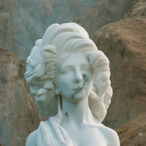 analog style art statue in cliffs, in the style of realistic hyper detailed portraits, cryengine, detailed facial features, ingrid baars, multi panel compositions, guido van helten, concept art ar 31:64 stylize 750 v 6 hyperrealistic, full body, detailed clothing, highly detailed, cinematic lighting, stunningly beautiful, intricate, sharp focus, f/1. 8, 85mm, (centered image composition), (professionally color graded), ((bright soft diffused light)), volumetric fog, trending on instagram, trending on tumblr, HDR 4K, 8K