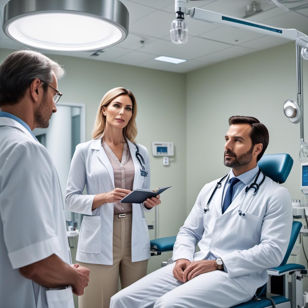  A highly realistic image of real people in a hospital setting. A human physician is talking to concerned family members in a hospital room or waiting area. The doctor is explaining the patient's condition to the family members, who are listening intently. The background includes actual medical equipment, hospital furniture, and a calm, sterile environment to emphasize the setting. hyperrealistic, full body, detailed clothing, highly detailed, cinematic lighting, stunningly beautiful, intricate, sharp focus, f/1. 8, 85mm, (centered image composition), (professionally color graded), ((bright soft diffused light)), volumetric fog, trending on instagram, trending on tumblr, HDR 4K, 8K