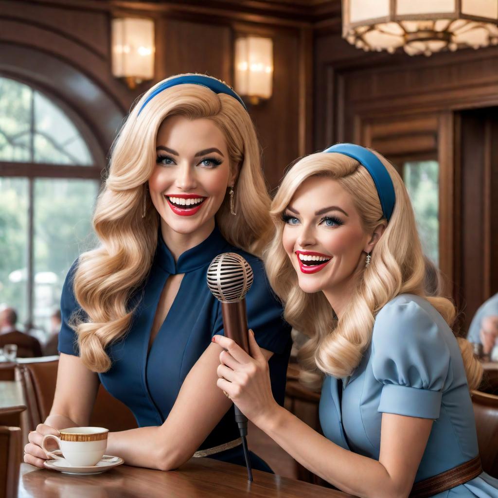  Two women with a microphone that are laughing and having fun, one with blonde hair and blue eyes, the other with brown hair and brown eyes, cartoon drawn and animated in a tea room in Palm Beach. They are dressed in appealing 60s retro outfits. The overall style should be fun and engaging to make it the most appealing podcast cover that attracts everyone to watch it. hyperrealistic, full body, detailed clothing, highly detailed, cinematic lighting, stunningly beautiful, intricate, sharp focus, f/1. 8, 85mm, (centered image composition), (professionally color graded), ((bright soft diffused light)), volumetric fog, trending on instagram, trending on tumblr, HDR 4K, 8K