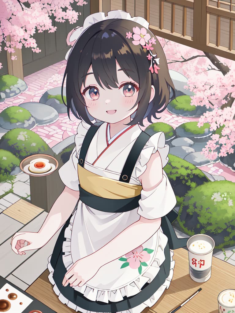  Japanese Painting Style, FRILL APRON, BARE SHOULDER, CARRY A TRAY, HAPPY SMILE, Japanese Cafe, Best Quality: 1.4, ULTRA DETALED EXTURE, Raw PhotOREALISTIC, Absurd Resolution, 8k Illustration, 💩, 💩, 💩, 💩, 💩, 💩,, masterpiece, best quality,8k,ultra detailed,high resolution,an extremely delicate and beautiful,hyper detail