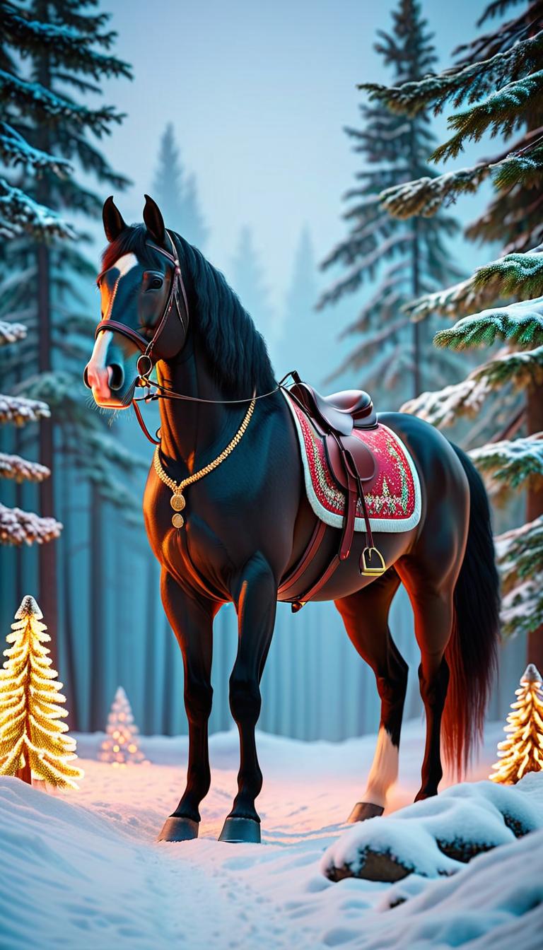  Professional 3D model of A Horse stand in a winter forest With Christmas decorations. . Rendered with Octane, the model is highly detailed,dramatic lighting. hyperrealistic, full body, detailed clothing, highly detailed, cinematic lighting, stunningly beautiful, intricate, sharp focus, f/1. 8, 85mm, (centered image composition), (professionally color graded), ((bright soft diffused light)), volumetric fog, trending on instagram, trending on tumblr, HDR 4K, 8K