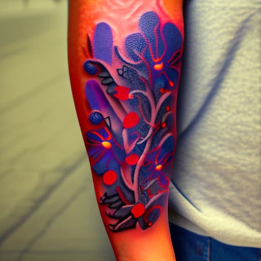 wa-vy style Arm tattoo of Various bright tiny red orange purple and blue flowers growing along a vine