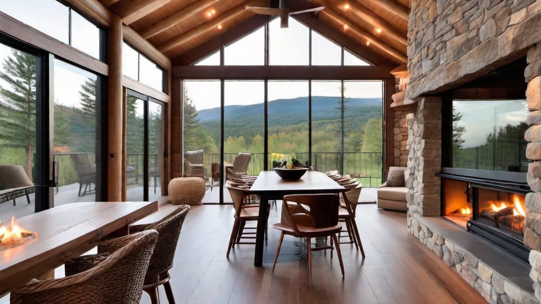  Log cabin interior featuring cozy indoor outdoor flow with large sliding glass doors opening to a wooden deck, rustic wood beams, natural stone fireplace, soft neutral tones, and warm, ambient lighting.