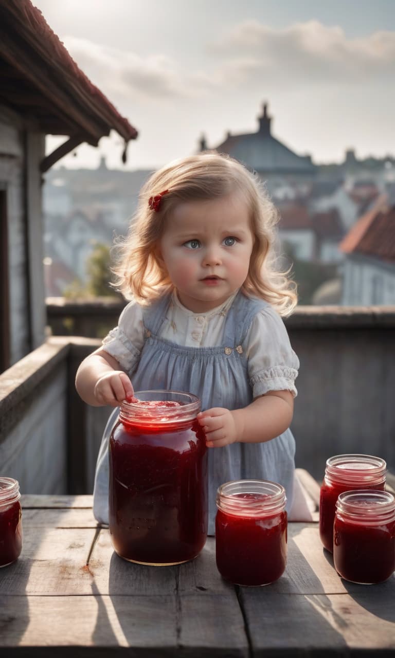  A little fat girl lives on the roof and eats cherry jam from a large jar with her hand, her face is stained with jam, based on the story by Swedish writer Astrid Lindgren hyperrealistic, full body, detailed clothing, highly detailed, cinematic lighting, stunningly beautiful, intricate, sharp focus, f/1. 8, 85mm, (centered image composition), (professionally color graded), ((bright soft diffused light)), volumetric fog, trending on instagram, trending on tumblr, HDR 4K, 8K