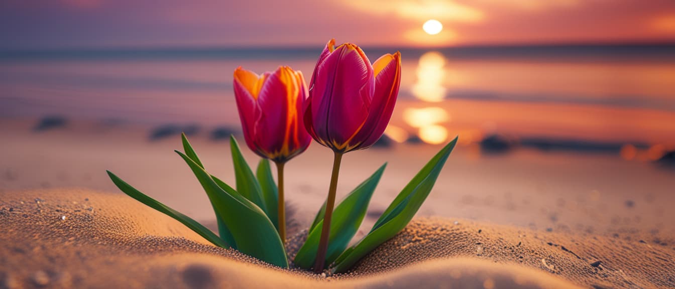  best quality, HD, Tulip on sand beach in close up with the sunset sky,