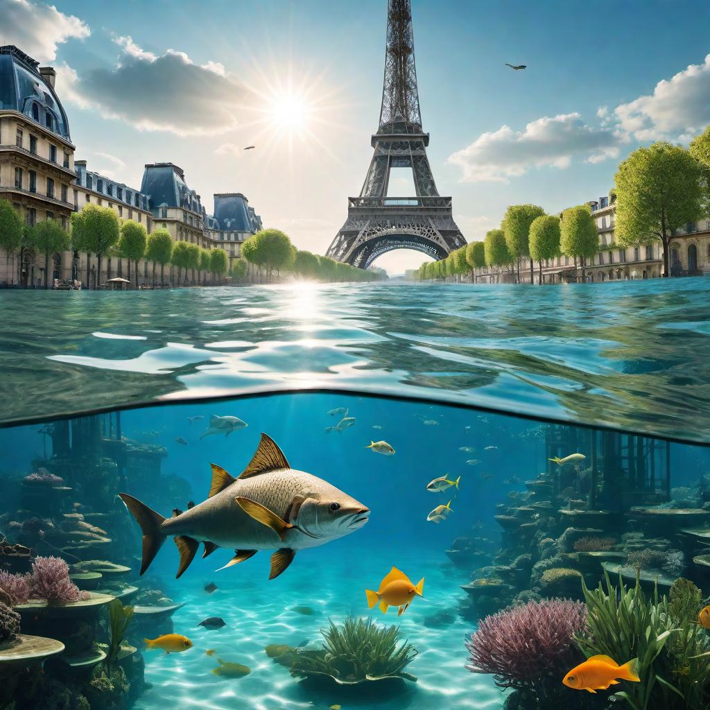  Paris cityscape submerged under water, with iconic landmarks like the Eiffel Tower, Notre-Dame Cathedral, and the Louvre partially visible and surrounded by clear blue water. Schools of fish swimming around, and aquatic plants growing around buildings. Sunlight filtering down through the water, casting eerie, beautiful light and shadows on the submerged structures. hyperrealistic, full body, detailed clothing, highly detailed, cinematic lighting, stunningly beautiful, intricate, sharp focus, f/1. 8, 85mm, (centered image composition), (professionally color graded), ((bright soft diffused light)), volumetric fog, trending on instagram, trending on tumblr, HDR 4K, 8K