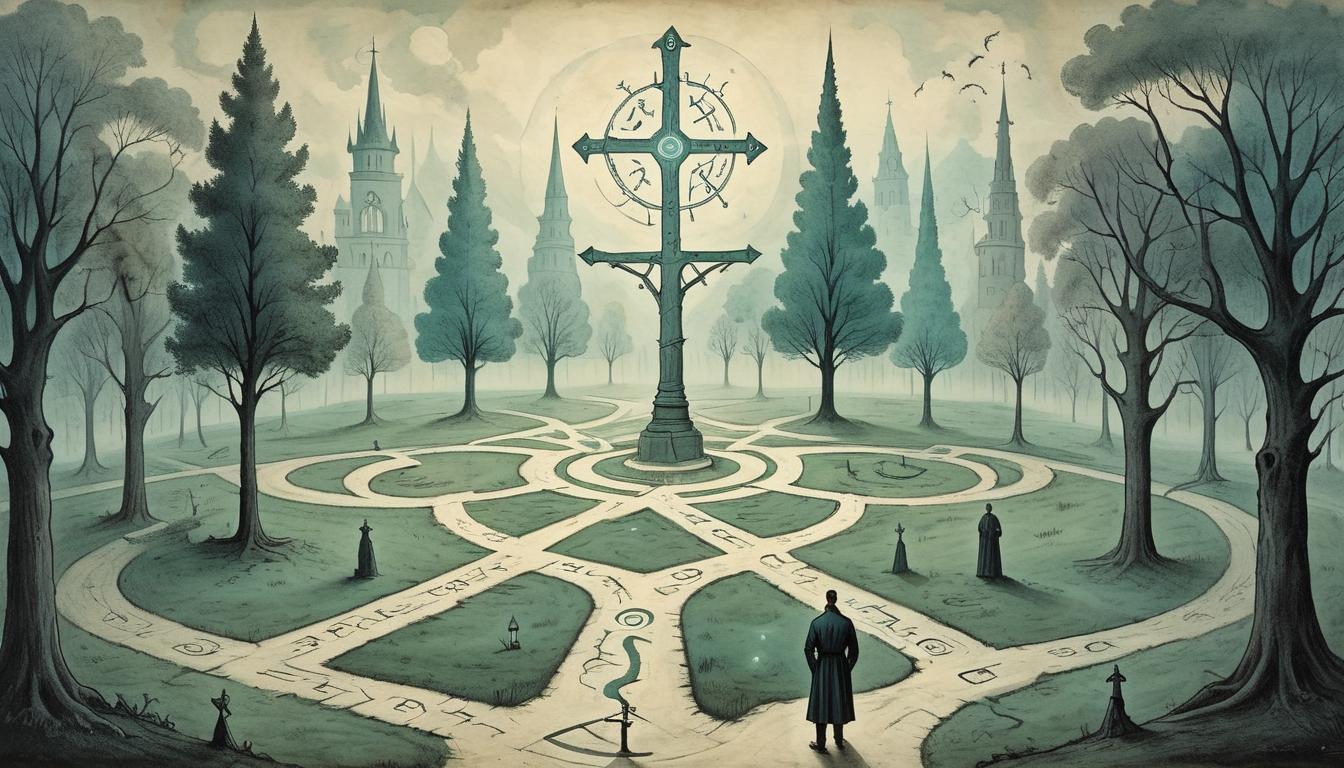  on parchment, surrealism+++, A crossroads with multiple paths, each path marked by glowing symbols, a lone figure standing at the intersection, hesitant, shadowy trees in the background, uncertain, contemplative(mysterious, provocative, symbolic,muted color)+++