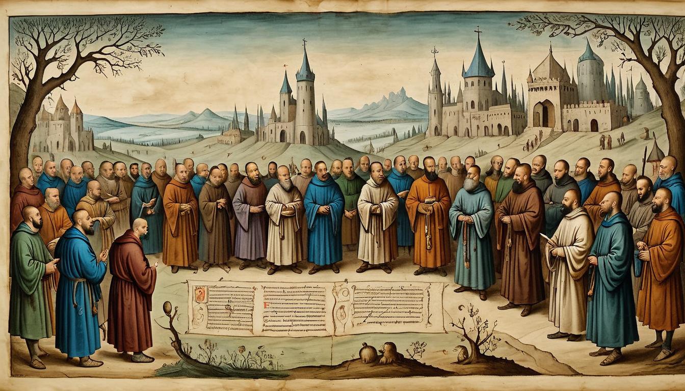  on parchment, surrealism+++, Monks surrounded by followers, a wise exchange of knowledge, revered presence, strength, wisdom(mysterious, provocative, symbolic,muted color)+++