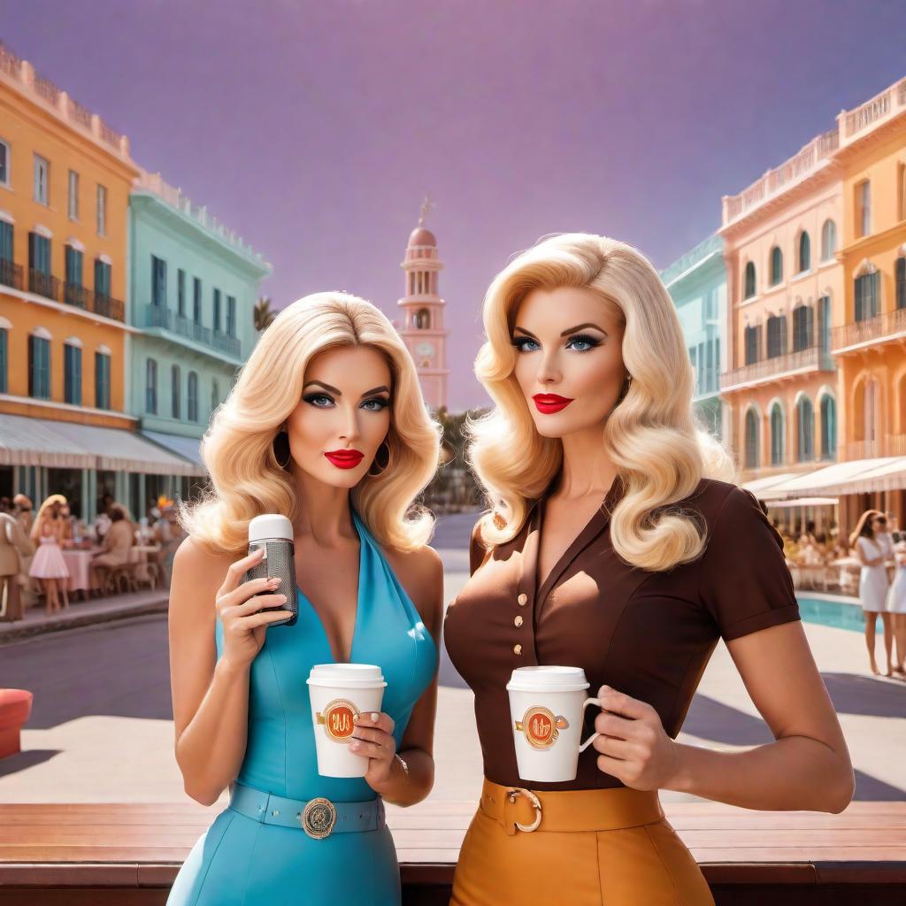  A glamorous vintage 60s cartoon-style podcast cover set in Palm Beach, Florida. Two women are featured at a table with microphones and coffee cups. One woman has blonde hair and blue eyes, and the other has brown hair and brown eyes. The scene should be glamorous with a distinctly vintage Palm Beach style, incorporating retro colors, patterns, and designs. Make the cartoon look prominent, evoking a nostalgic 60s vibe. Ensure it is inviting and attractive for female listeners, aiming to be the number one podcast on Apple and Spotify. hyperrealistic, full body, detailed clothing, highly detailed, cinematic lighting, stunningly beautiful, intricate, sharp focus, f/1. 8, 85mm, (centered image composition), (professionally color graded), ((bright soft diffused light)), volumetric fog, trending on instagram, trending on tumblr, HDR 4K, 8K