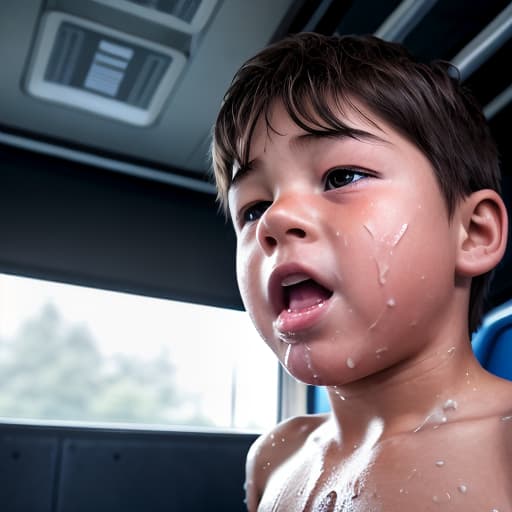  a very sweaty very young boy, caught on a public bus, is discovered by the viewer. The young 's face is rendered in exquisite detail, a look of and arousal as he realizes he's been caught the boy on the bus seat lets out a stream of warm, viscous liquid shooting out from his huge engorged erect tip coating his and splattering onto the floor of the bus, the pinnacle of his is his sweaty features, high-angle shot, dramatic angle, extreme angle shot, photo-realistic, volumetric fog, 85mm lens, HDR, cinematic