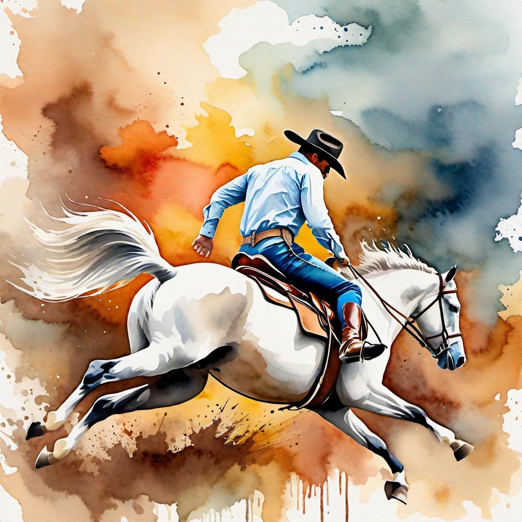  Create a watercolor painting of a man ridding a bucking horse at a rodeo. The background features soft, watercolor style splashes in earthy tones, giving the image an artistic and dreamy feel. Ensure the overall image has a delicate watercolor effect.