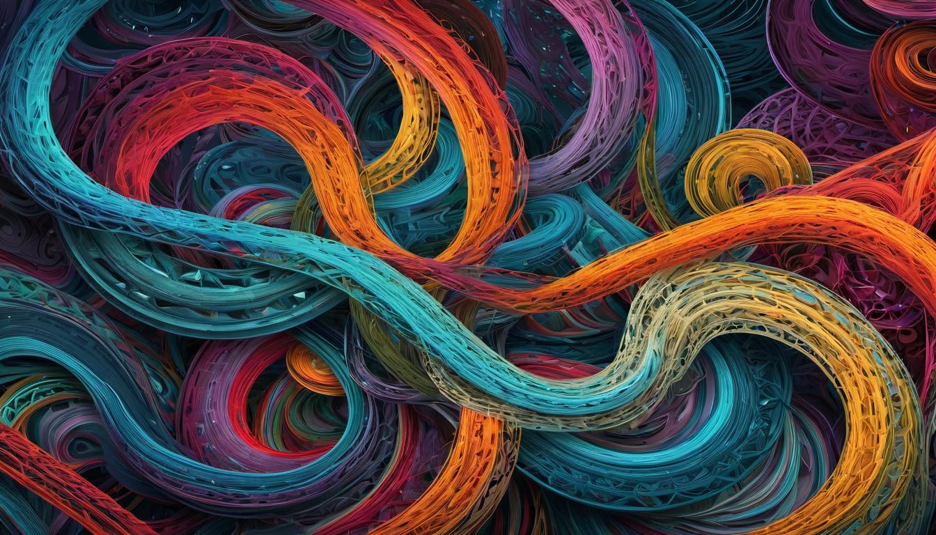  digital illustration, Abstract depiction of intertwined pathways, multiple colors, representing various factors and possibilities, sense of mystery, complexity, movement and flow, looking at viewer, dynamic pose, (intricate details, masterpiece, best quality)