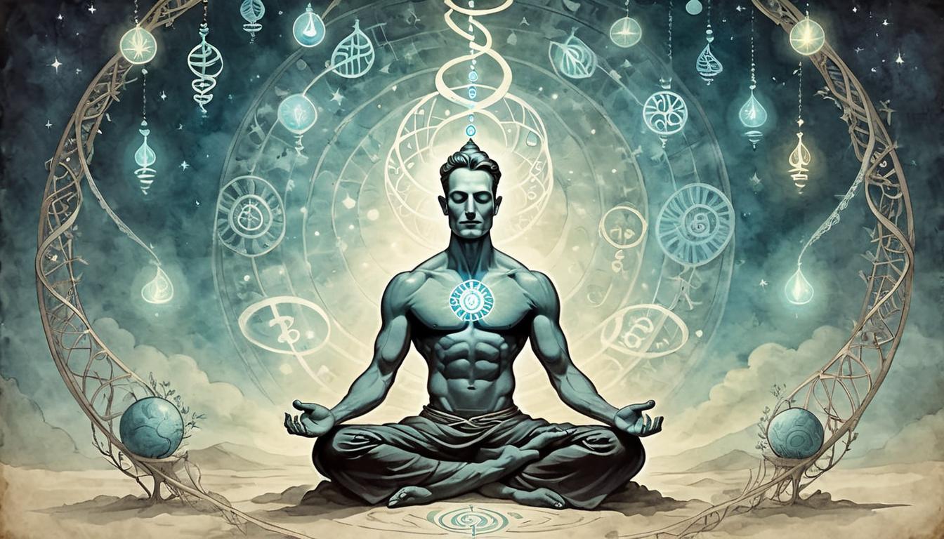  on parchment, surrealism+++, Figure in meditation pose, surrounded by glowing DNA strands, serene background, soft cosmic light, peaceful and focused(mysterious, provocative, symbolic,muted color)+++