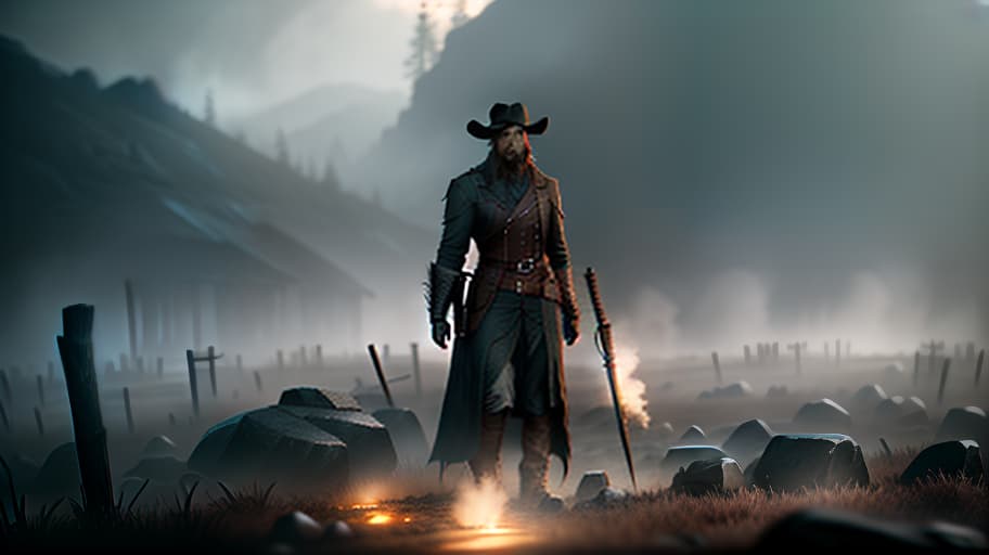  The inscription "HUNT SHOWDOWN" is clearly visible in the field., slate atmosphere, cinematic, dimmed colors, dark shot, muted colors, film grainy, lut, spooky hyperrealistic, full body, detailed clothing, highly detailed, cinematic lighting, stunningly beautiful, intricate, sharp focus, f/1. 8, 85mm, (centered image composition), (professionally color graded), ((bright soft diffused light)), volumetric fog, trending on instagram, trending on tumblr, HDR 4K, 8K