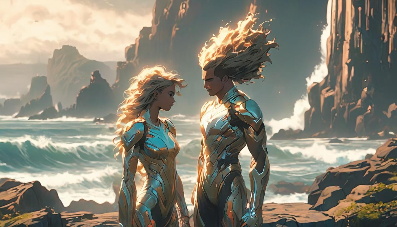  hyperrealism,fantasy aesthetic1man1woman, attractive arian male humanoid and large busted arian female humanoid, standing on a cliff edge, ocean waves crashing below, their expressions calm and composed, mood of independence from external doctrines, high tech clothing clad in sleek, futuristic costume with metallic accents and form fitting designs, marvel superhero comics style, unreal engine rendering