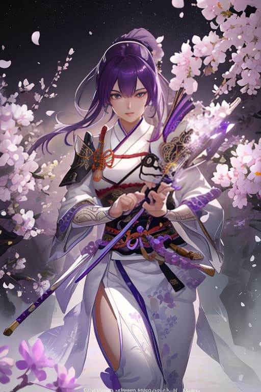  A full grown female samurai, neon, purple, white, lilac, flowers, battle in the field hyperrealistic, full body, detailed clothing, highly detailed, cinematic lighting, stunningly beautiful, intricate, sharp focus, f/1. 8, 85mm, (centered image composition), (professionally color graded), ((bright soft diffused light)), volumetric fog, trending on instagram, trending on tumblr, HDR 4K, 8K