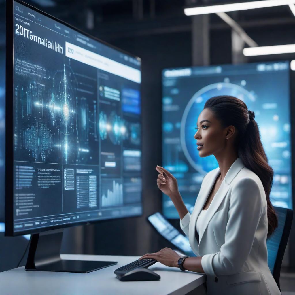  A computer AI assistant interacting with a user on a digital screen, with elements representing communication and technology. hyperrealistic, full body, detailed clothing, highly detailed, cinematic lighting, stunningly beautiful, intricate, sharp focus, f/1. 8, 85mm, (centered image composition), (professionally color graded), ((bright soft diffused light)), volumetric fog, trending on instagram, trending on tumblr, HDR 4K, 8K