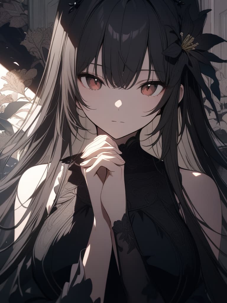  ((Black lily,black lilies in full bloom,black lily hair ornament,)) Black hair,reddish brown eyes,beautiful,pretty girl,expressionless,long hair,ephemeral,black dress,(bust up,bust up composition,(hands clasped,hands clasped))、ultra detailed,best shadow,cute and beautiful face,(masterpiece:1.2),(best quality:1.2),detailed background,high contrast,(best illumination,an extremely delicate and beautiful),((cinematic light)),hyper detail,dramatic light,intricate details,8k,anime,very aesthetic, masterpiece, best quality,8k,ultra detailed,high resolution,an extremely delicate and beautiful,hyper detail