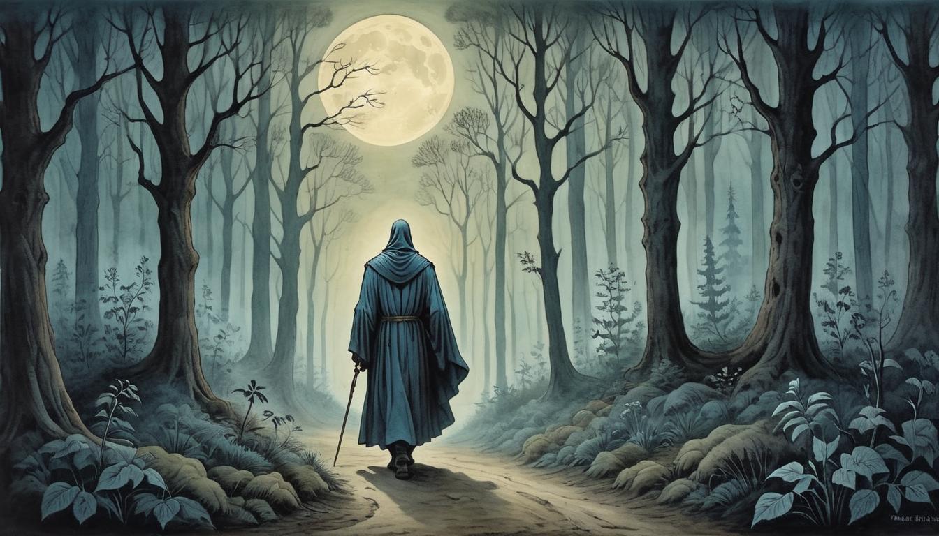  on parchment, surrealism+++, A lone robed figure walking through a dense forest at night, trees lit by moonlight, soft glow around the figure, guidance, sereneness, mystery(mysterious, provocative, symbolic,muted color)+++