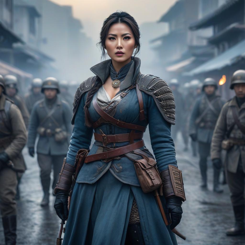  Girl at war, cold., hkmagic hyperrealistic, full body, detailed clothing, highly detailed, cinematic lighting, stunningly beautiful, intricate, sharp focus, f/1. 8, 85mm, (centered image composition), (professionally color graded), ((bright soft diffused light)), volumetric fog, trending on instagram, trending on tumblr, HDR 4K, 8K