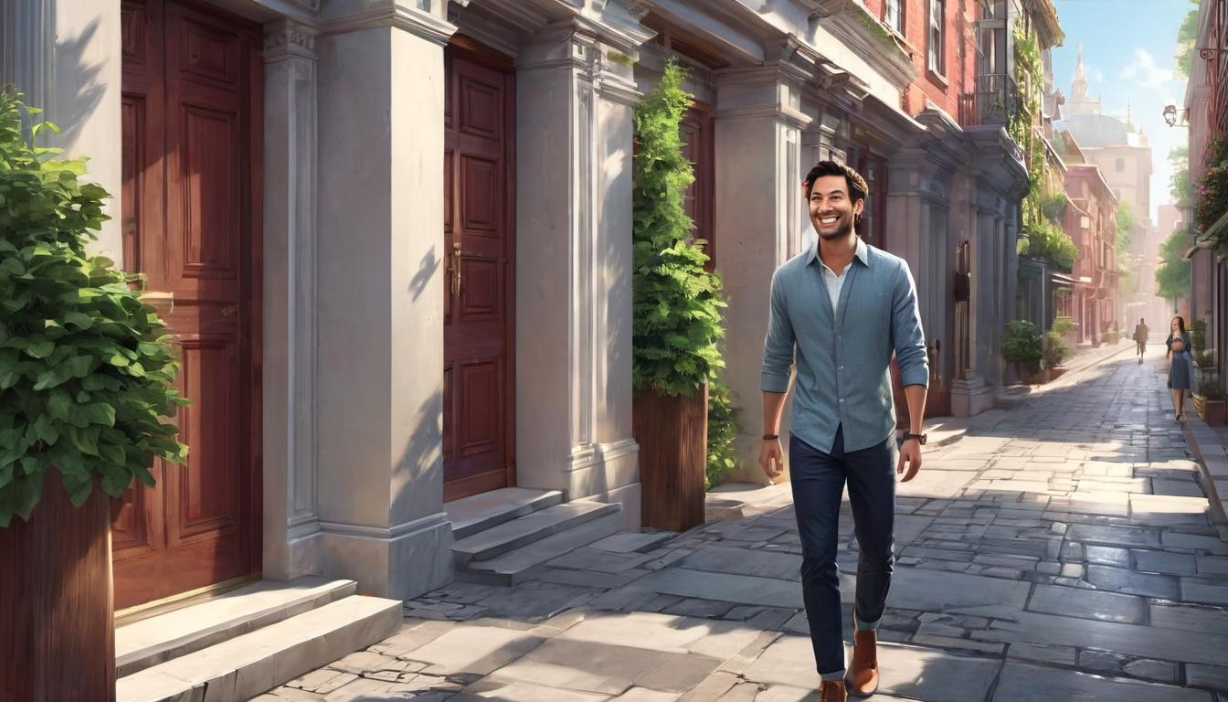  digital illustration, 1man, smart casual attire, holding a door open with a smile, 1woman, chic dress, walking through the door, animated conversation, urban setting, morning light, fresh and hopeful mood, looking at viewer, dynamic pose, (intricate details, masterpiece, best quality)