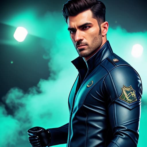  image of a 18 boy wearing thigt a dark blue secret agent costume with green strips and howling wolf design hyperrealistic, full body, detailed clothing, highly detailed, cinematic lighting, stunningly beautiful, intricate, sharp focus, f/1. 8, 85mm, (centered image composition), (professionally color graded), ((bright soft diffused light)), volumetric fog, trending on instagram, trending on tumblr, HDR 4K, 8K