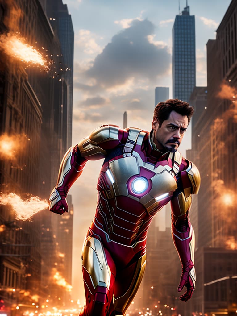  ironman tony stark in cinematic poster hyperrealistic, full body, detailed clothing, highly detailed, cinematic lighting, stunningly beautiful, intricate, sharp focus, f/1. 8, 85mm, (centered image composition), (professionally color graded), ((bright soft diffused light)), volumetric fog, trending on instagram, trending on tumblr, HDR 4K, 8K