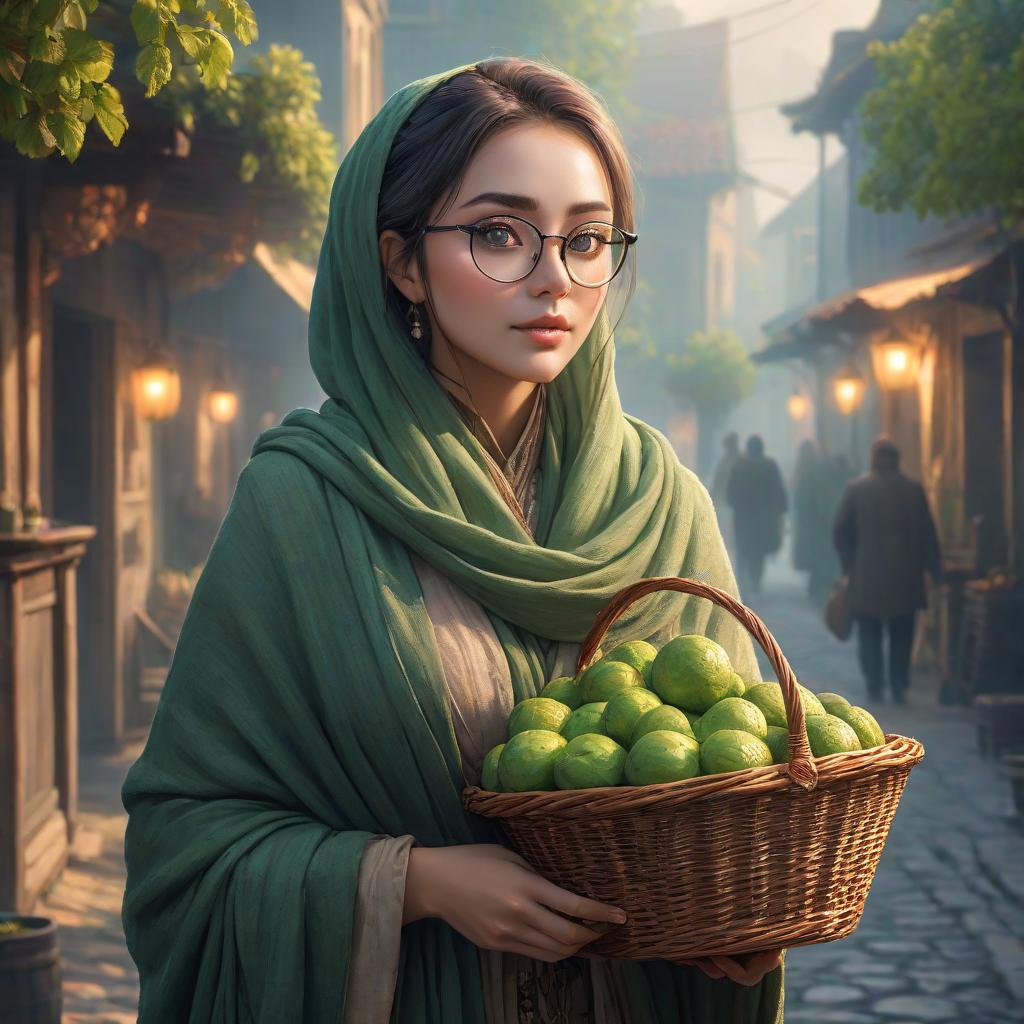  A girl with a basket and a shawl, wears glasses, her eyes are green. hyperrealistic, full body, detailed clothing, highly detailed, cinematic lighting, stunningly beautiful, intricate, sharp focus, f/1. 8, 85mm, (centered image composition), (professionally color graded), ((bright soft diffused light)), volumetric fog, trending on instagram, trending on tumblr, HDR 4K, 8K