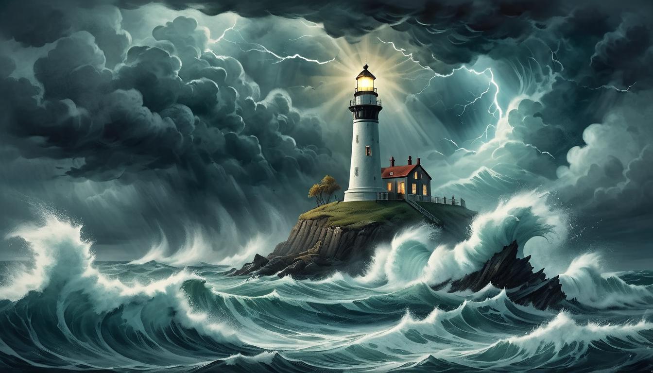  on parchment, surrealism+++, A towering lighthouse casting a bright beam, surrounded by dark stormy seas, waves crashing violently, sky filled with thunderclouds, mood of guidance and hope(mysterious, provocative, symbolic,muted color)+++