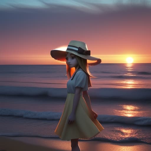  a girl with hat on the beach at sunset