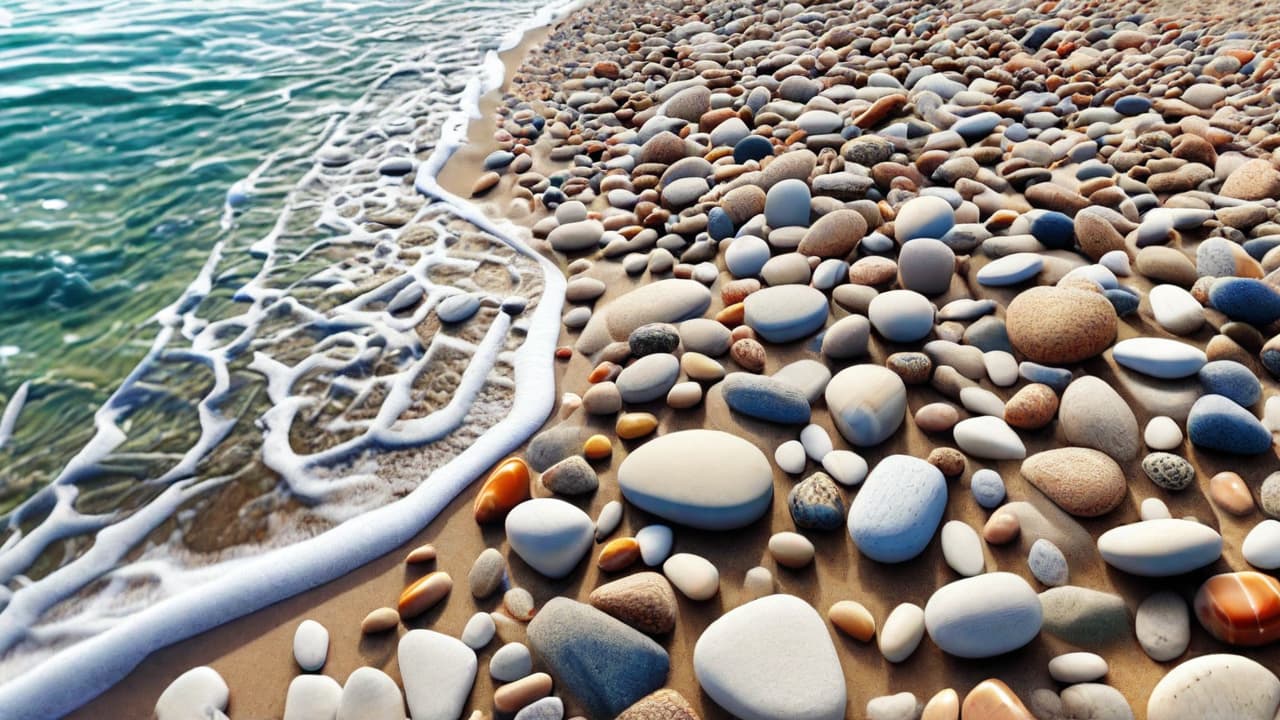  best quality, HD, stones on serene beach landscape